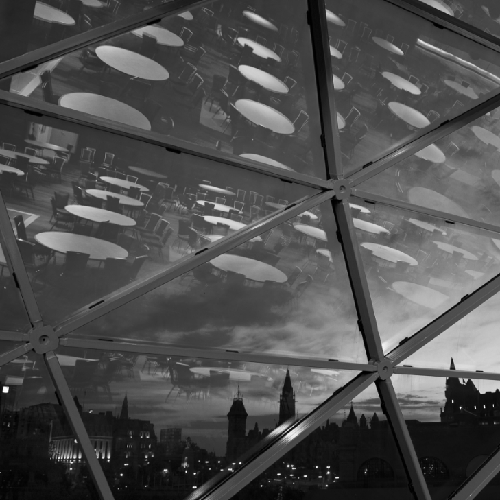 Reflection of the Trillium Ballroom off of the Shaw Centre windows.