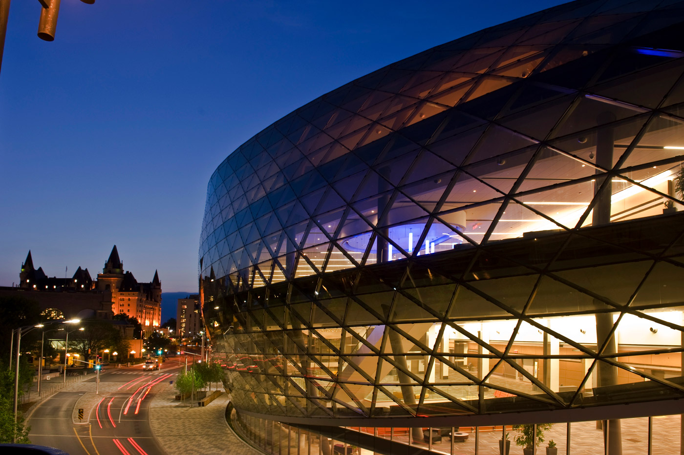 The Shaw Centre facade at sundown.