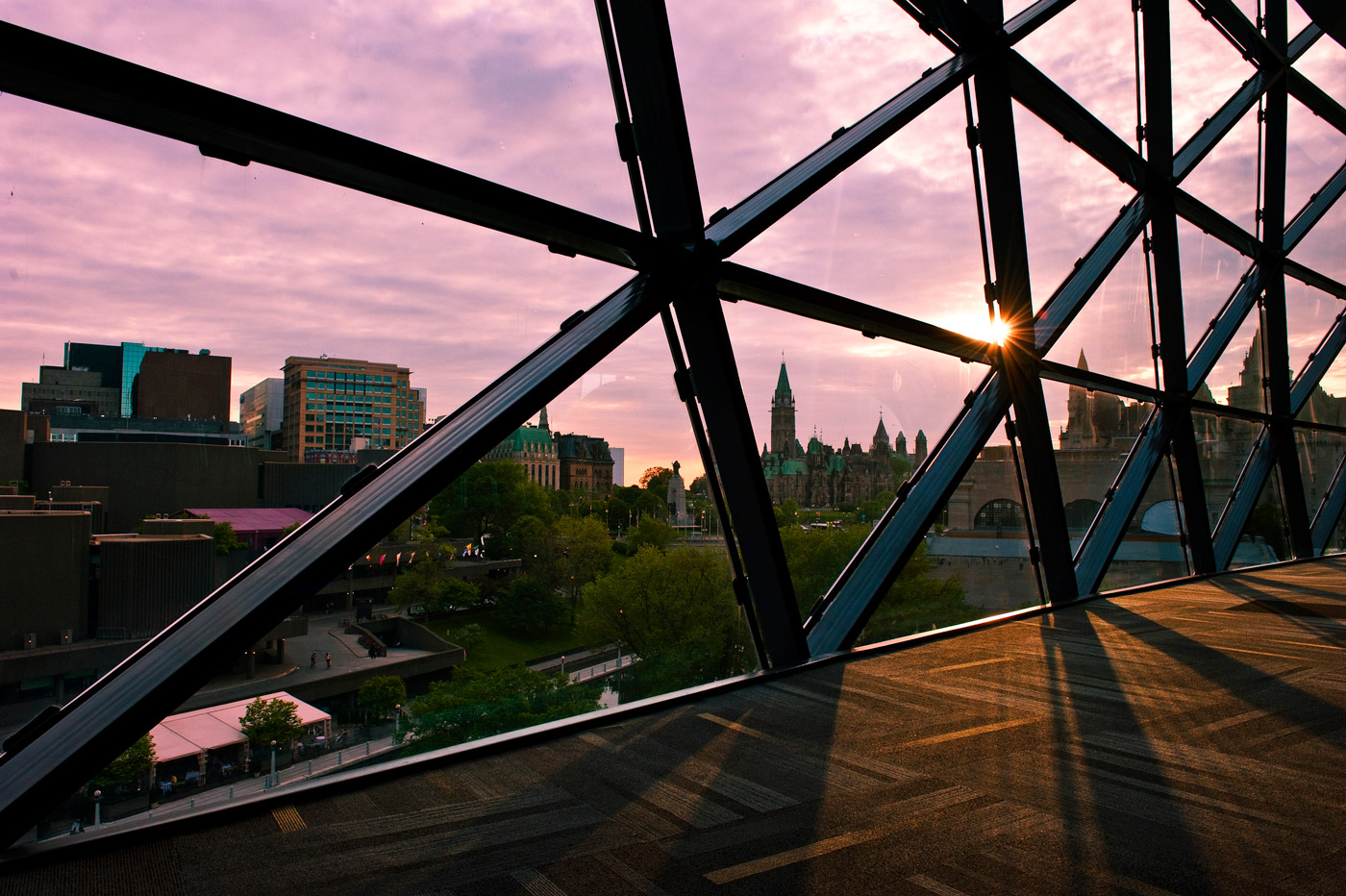 A view through the Shaw Centre windows.