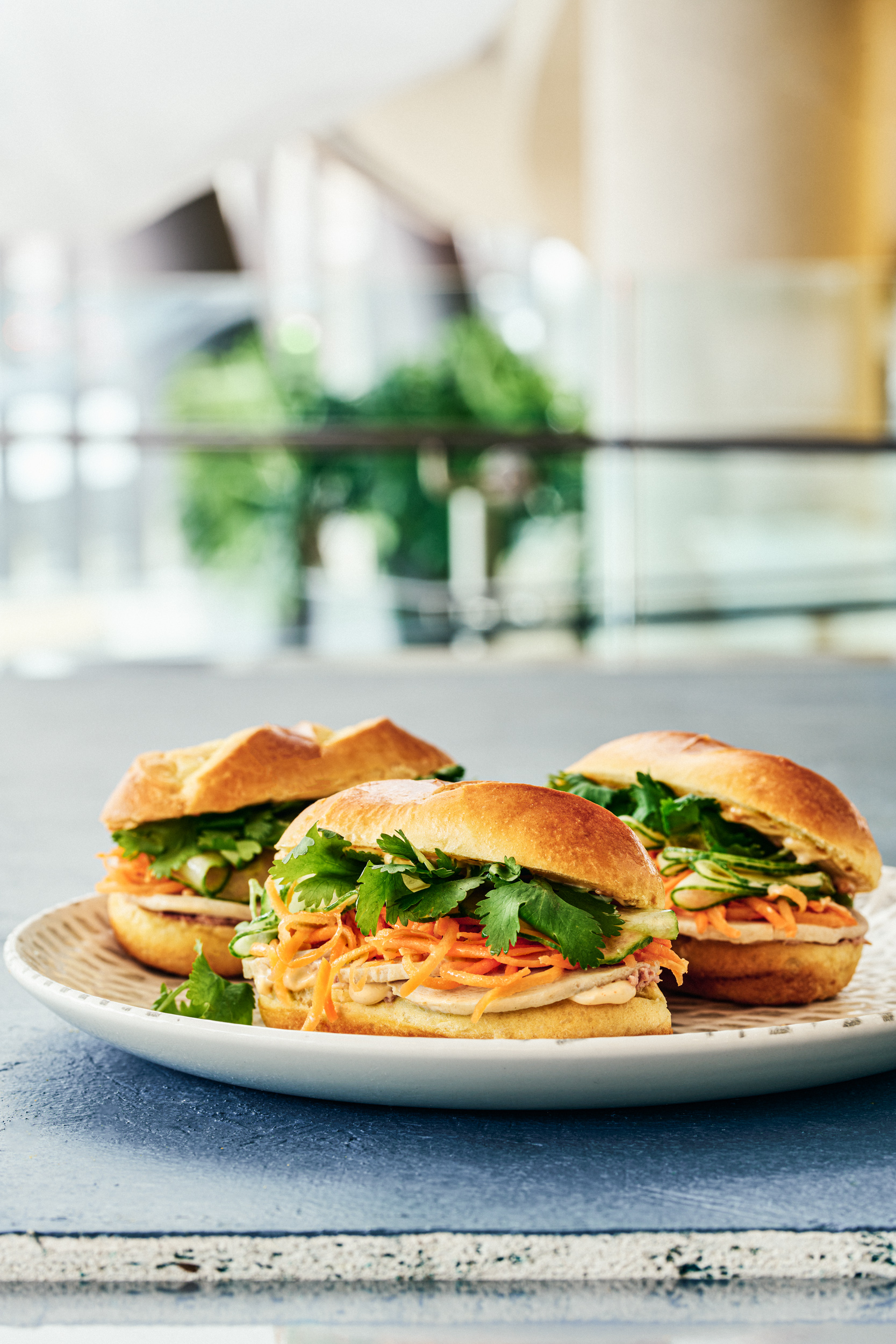 Three Banh Mi Sandwiches served on a plate.