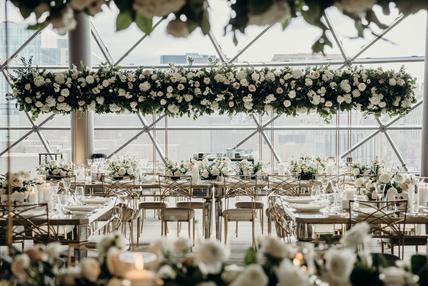 A floral-themed reception space.