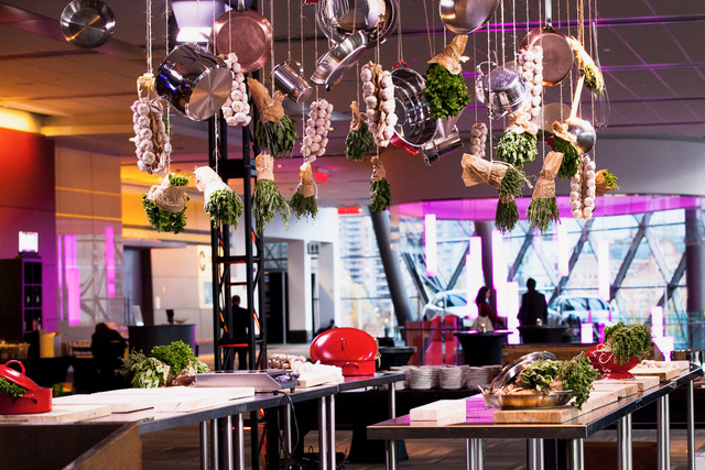 Hanging garlic, pots, for a culinary event at Rogers Centre Ottawa on the third floor in parliament foyer