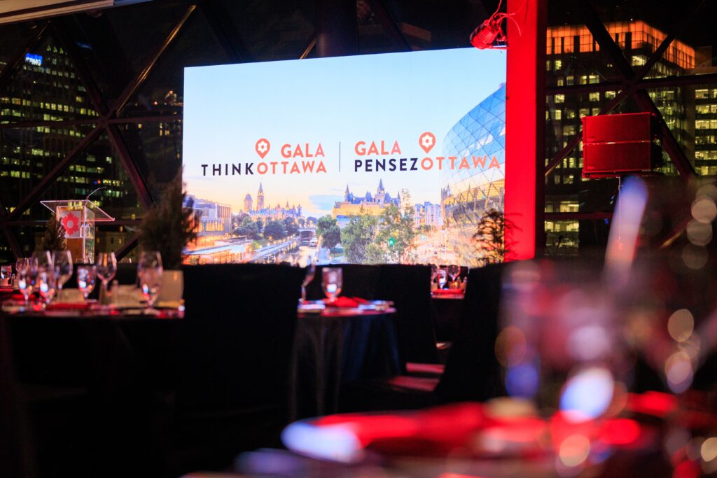 ThinkOttawa Gala with large projector screen and night backdrop 