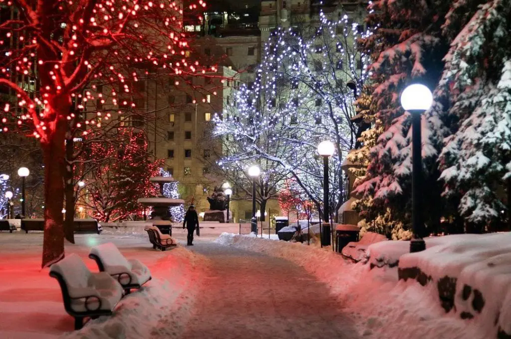 Confederation park snowy park benches with Christmas lights