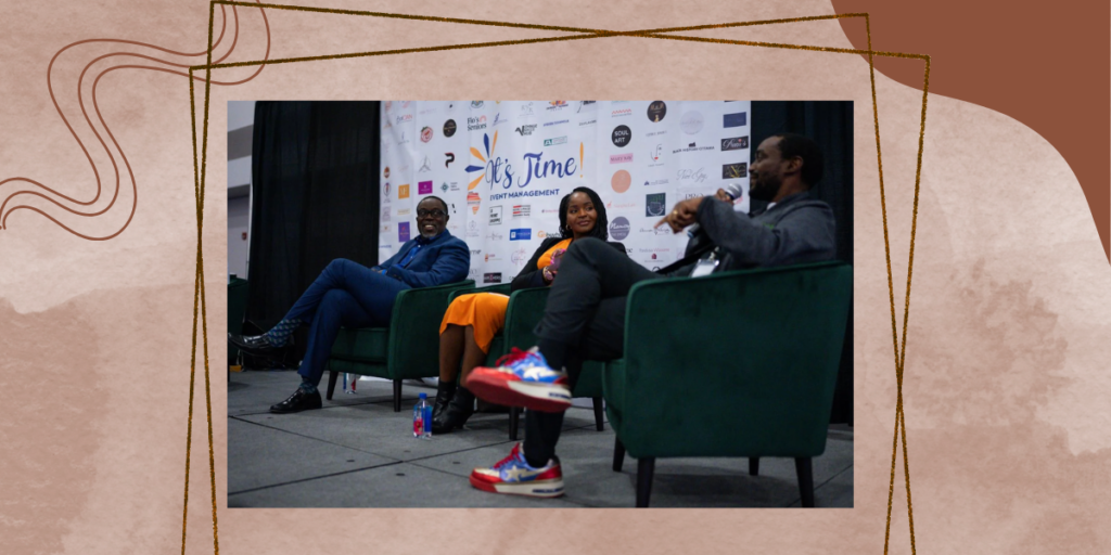 brown background with design and image from the black business expo of 3 people on stage during a fireside chat